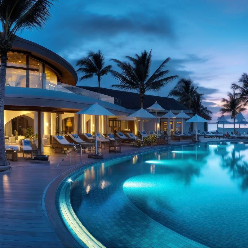 pool area of a resort at sunset