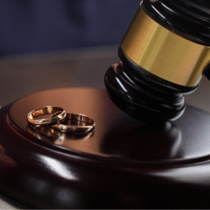 Close-up of a woman signing a divorce document next to a gavel and wedding ring in the background.