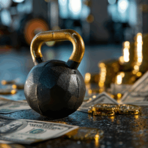 Black kettlebell with gold coins and cash on gym floor symbolizing fitness investment and financial success