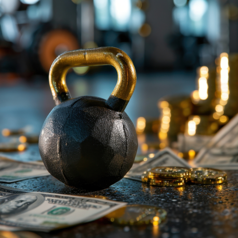 Black kettlebell with gold coins and cash on gym floor symbolizing fitness investment and financial success