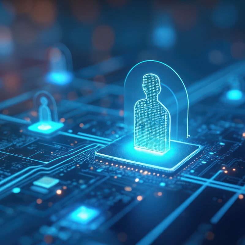 Illustration of digital technology connecting people through network. Features glowing human icons on circuit board background with binary code elements.