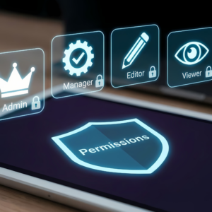 A close-up shot of a digital tablet displaying a concept interface for user access control and permissions management.