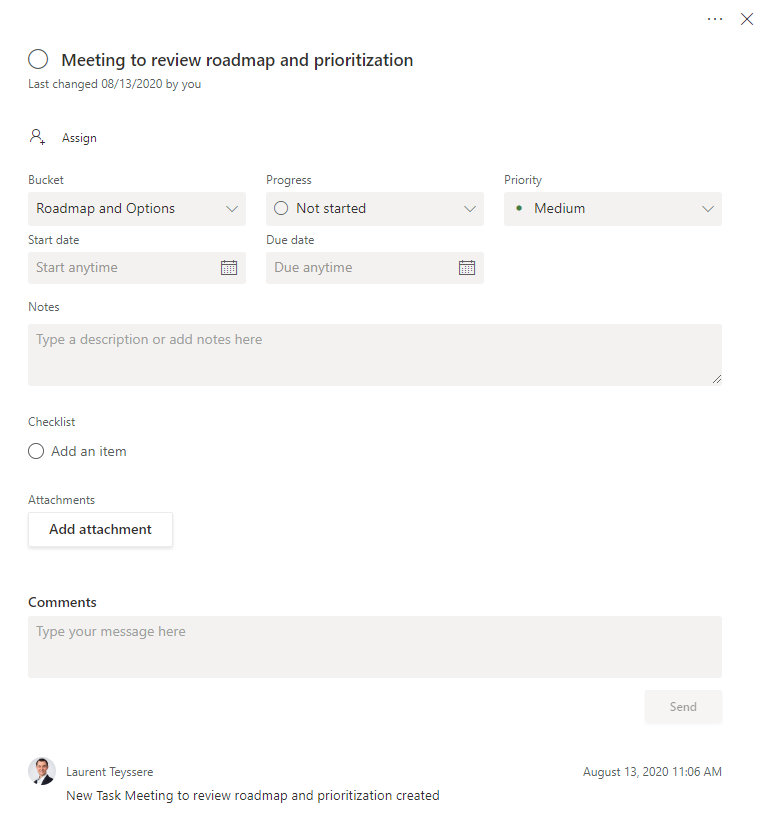 Office 365 Task Management Planner screenshot of task assignment screen