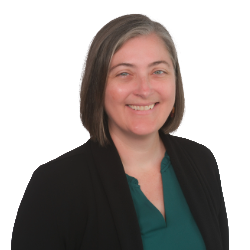 Profile headshot of Jessica R Roster in a black suit coat and a green tshirt.