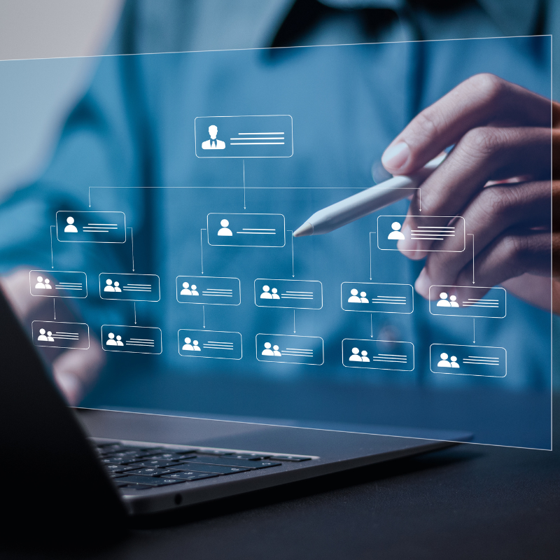 Businessman use laptop with business hierarchy structure for business process and workflow automation with flowchart.