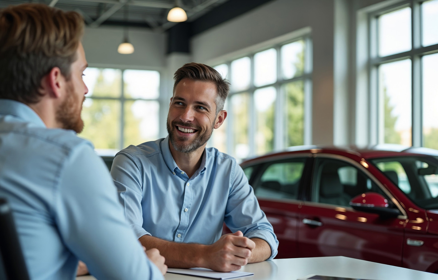 Two professionals discussing dealership technology solutions at a desk inside an automotive showroom, representing digital innovation and data‑driven dealership services