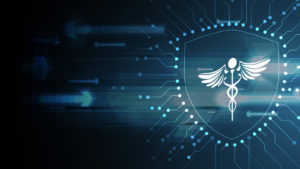 healthcare symbol with a dark blue cyber background