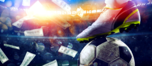 Soccer player in stadium with falling money