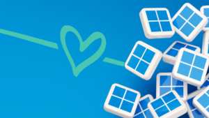 Green heart logo with multiple Microsoft's square logos with a blue background.