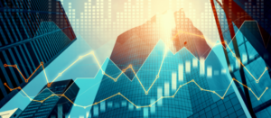 Financial graphs and digital indicators overlap with modernistic urban area, skyscrabber for stock market business concept.