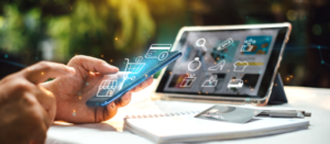 Businessman with mobile smartphone in hand paying online and shopping on virtual interface global network