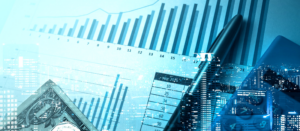 Double exposure of city and pen, calculator , graph for finance and business concept