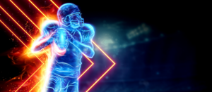Silhouette of an American football player on fire on the background of the stadium. Concept for sports, speed, bets, American game.