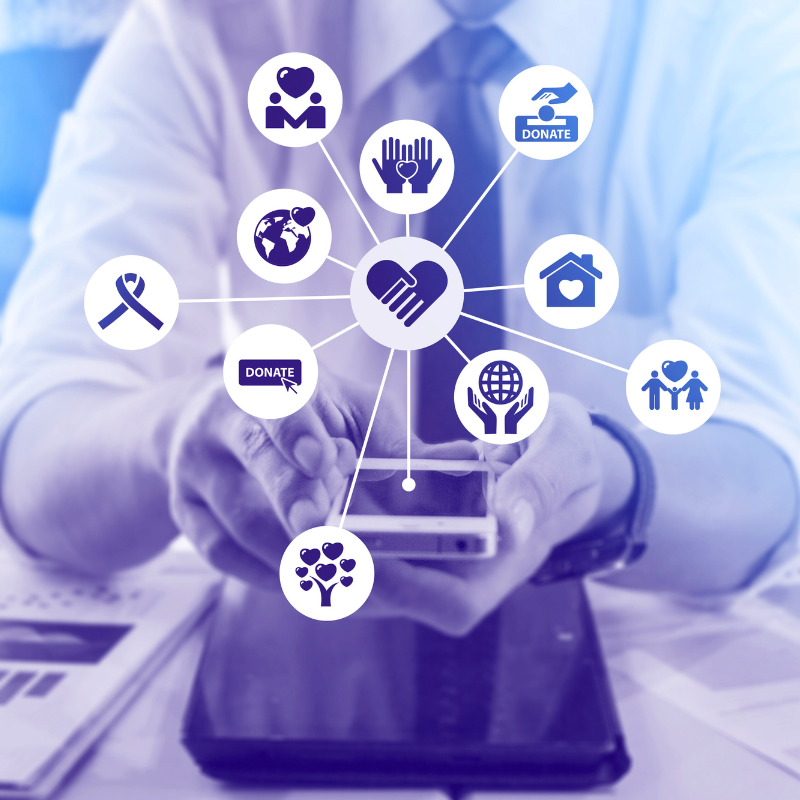 Businessman working with modern virtual technology, donate charity concept