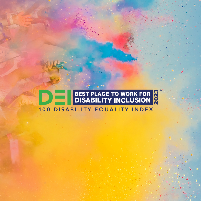Disability Equality Index wording with a colorful watercolor background.