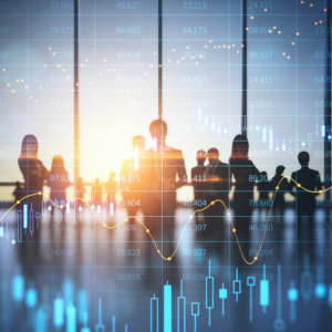 Stock market business and trading concept with digital screen with financial chart graphs and group of people in office at sunset