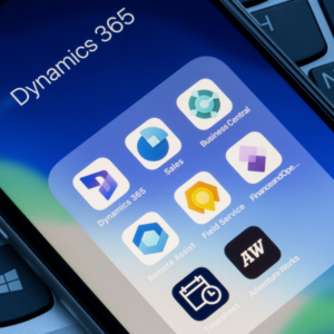 A cell phone with Microsoft 365 Project Management apps.