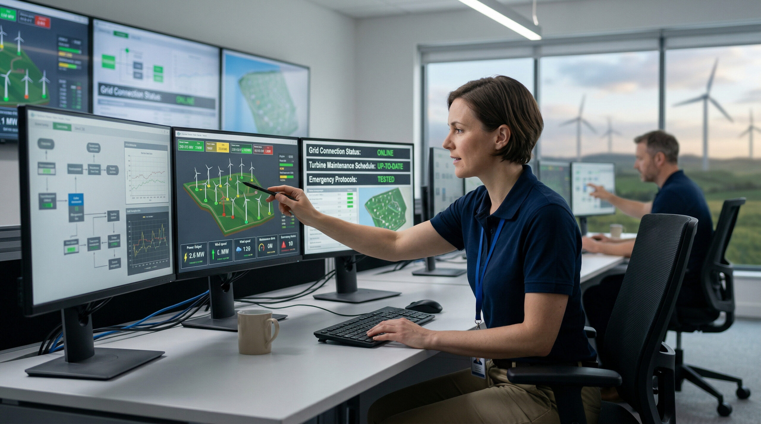 A female renewable energy engineer monitors a wind farm's efficiency on multiple digital screens in a high-tech control center with wind turbines visible in the background.