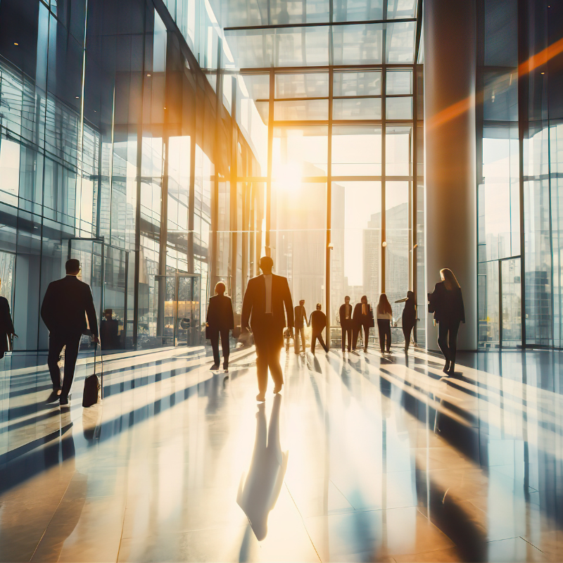 business people in busy city lobby