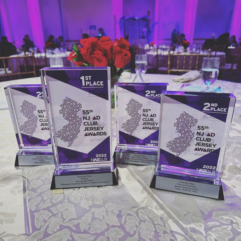 Grey Films awards on a table.