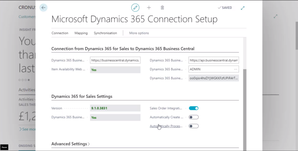 screenshot of microsoft dynamics 365 connection setup to business central