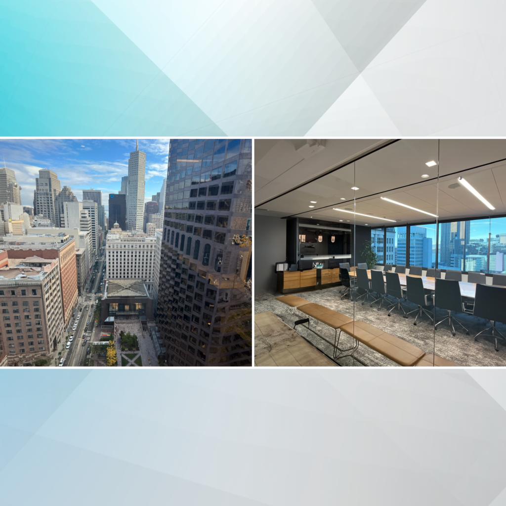 SF Office redesign images including scenary of san francisco and conference room looking out the windows
