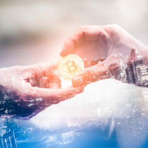 business people trading bitcoin with city skyscape