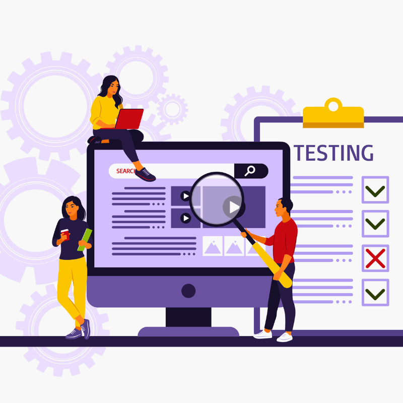 People testing software fixing bugs in hardware devices. Application test and IT service concept. Vector illustration. Flat