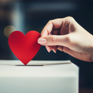 Female hand putting red paper heart into slot of white donation box. Charity, donation, fundraising, donor advised funds.