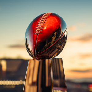 super bowl championship trophy with las vegas cityscape in the background.