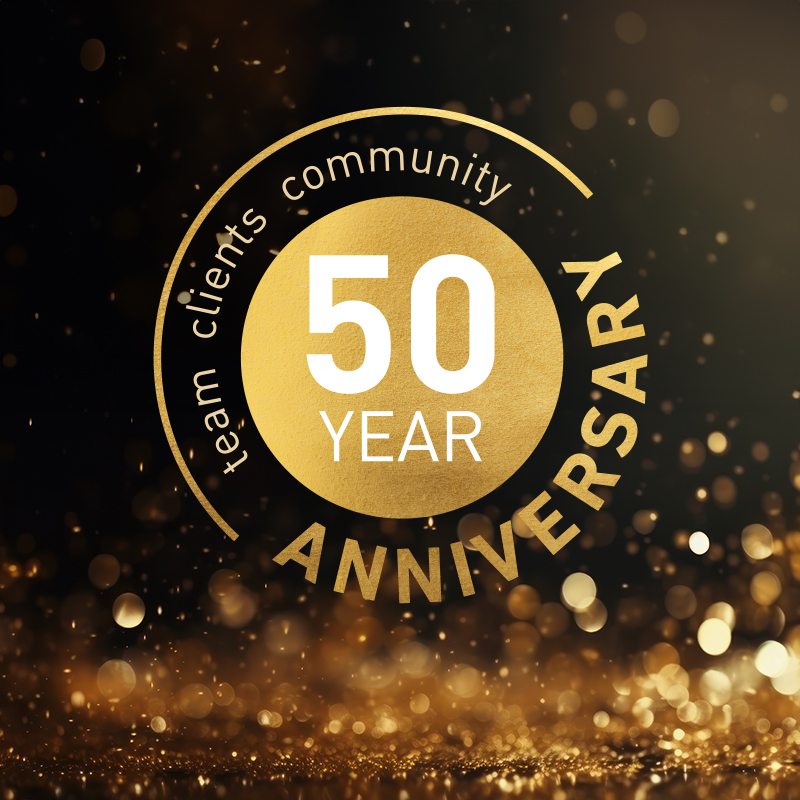 Withum 50th anniversary logo on a glittery gold background