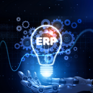 ERP Enterprise resource planning, Robot hand, artificial intelligence concept
