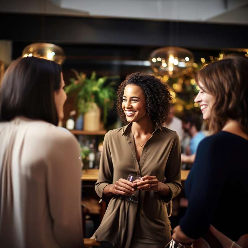 Young woman at networking event with two other women