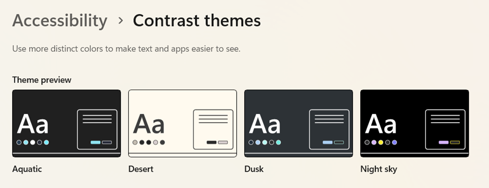 image showing different accessibility contrast themes