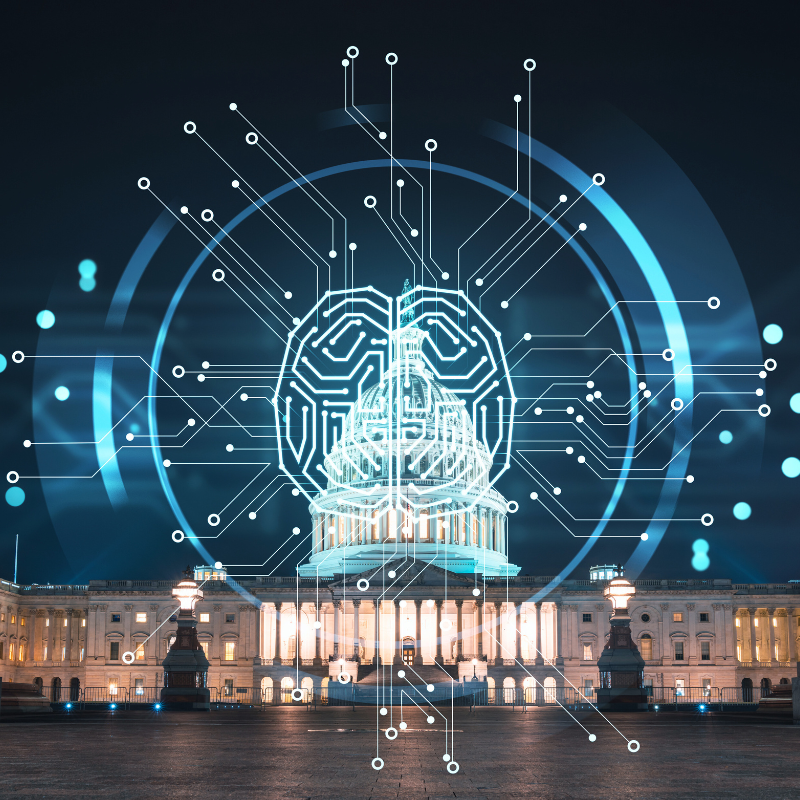 Front view, Capitol dome building at night, Washington DC, USA. Artificial Intelligence in government concept.