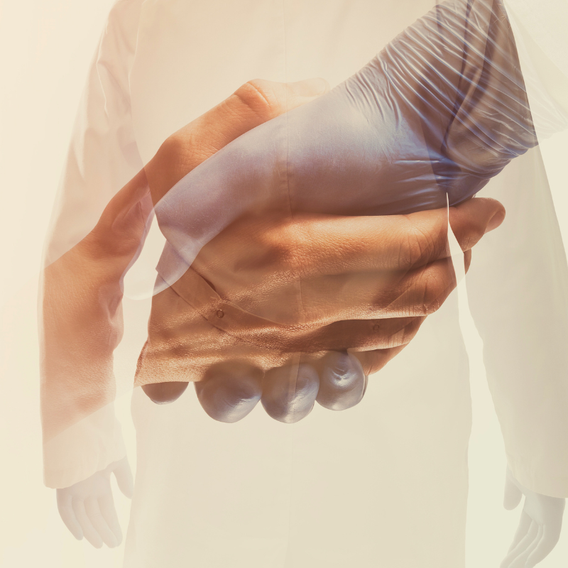 Double exposure image with doctor and helping hand. Concept of physician fair-market value, benefits, helping hand.