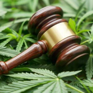 judges gavel on cannabis leaf