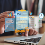 Tax concept. Hospitality Industry worker using a computer to fill out personal income tax return to pay taxes online.
