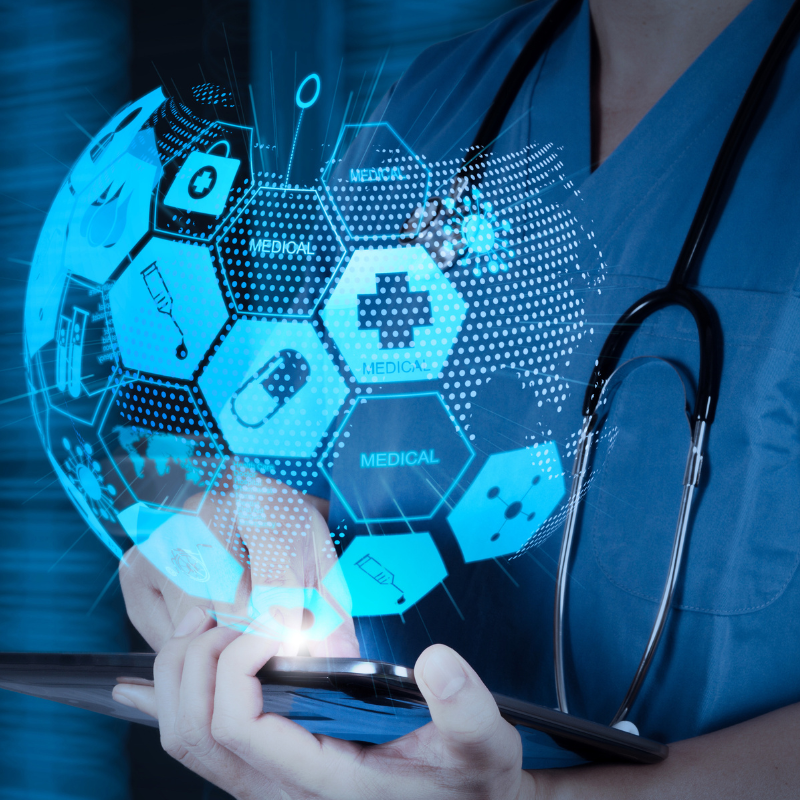 Doctor working on a digital tablet with digital background as concept