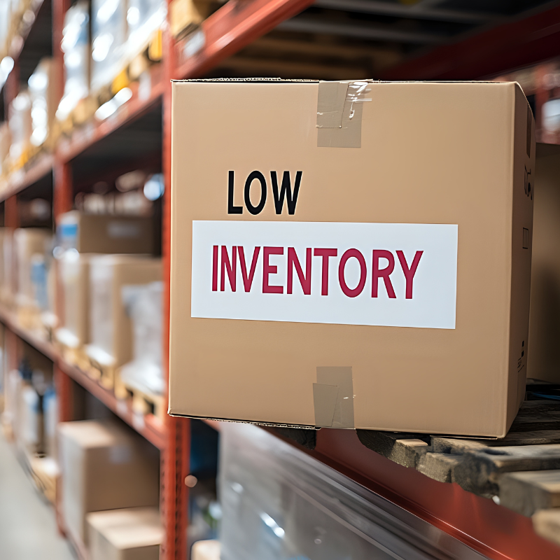 A cardboard box labeled "Low Inventory" sits on a shelf in a warehouse.