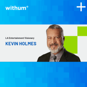Kevin Holmes smiling in an image with Withum branded colors: blue, green, white.