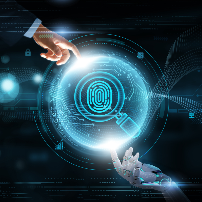 Cyber depicting of a human male hand and a robot hand working together in AI Forensic Accounting and Fraud investigations.