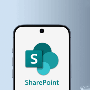 Microsoft Sharepoint logo is displayed on a smartphone, gray background with symbolic linked contacts, collaboration, Microsoft 365, team management, file sharing, organization, cloud