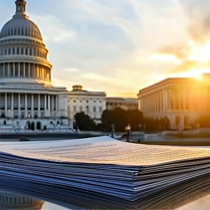 us capitol and a stack of papers