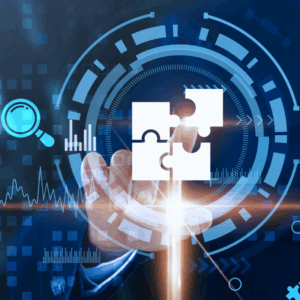 Businessman analyzes ERP cloud solutions-driven technological data. Image shows Solutions, innovation, efficiency, optimization, collaboration, strategy, growth,