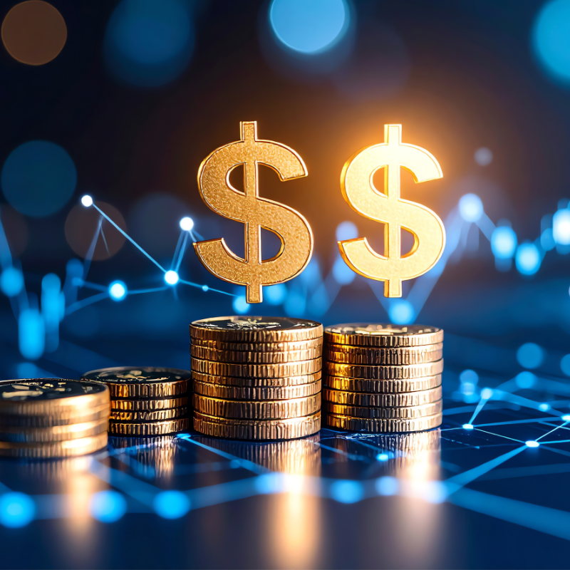 Stacks of crypto coins with glowing dollar signs represent wealth and financial growth against a modern digital background