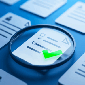 A magnifying glass focusing on a seel side QoE document with a green checkmark on a blue surface with other documents.