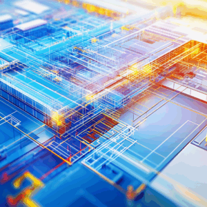 Vibrant blueprint of a logistics centers supply chain optimization focusing on efficiency and tracking systems