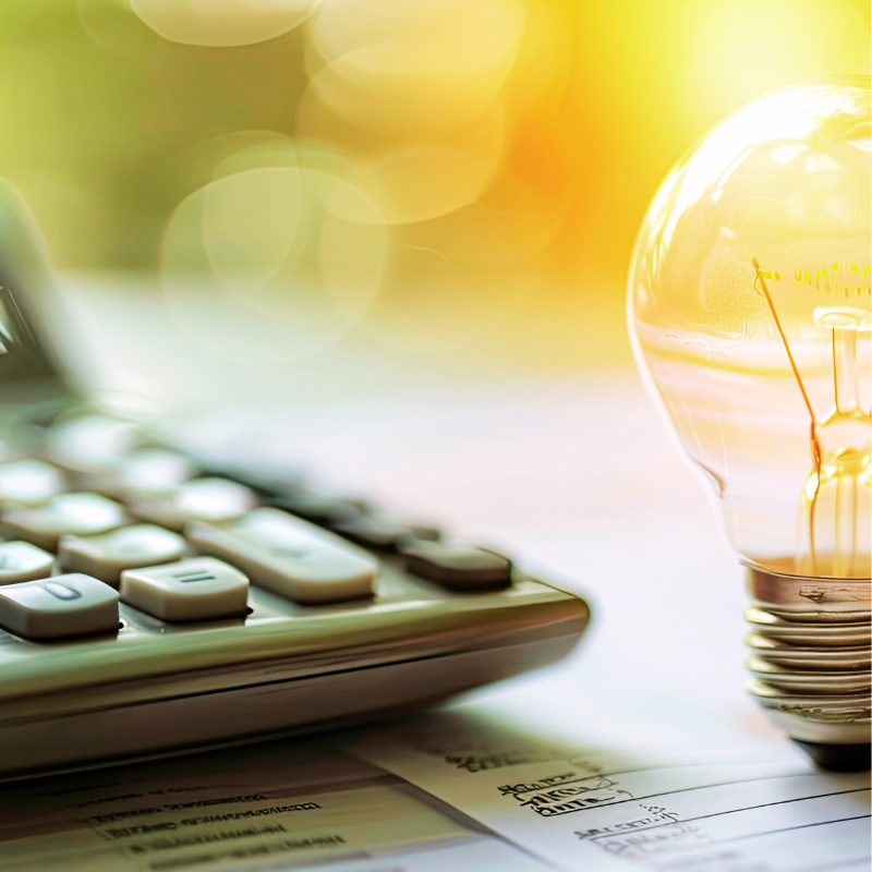 Miniature light bulb and calculator placed on a white board, symbolizing ideas and calculations