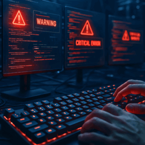 Cybersecurity Command Center with Hacker Typing on a Glowing Keyboard and Multiple Screens Displaying Digital Warning Critical Errors for Network Threat Detection and Data Protection
